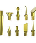 Must Have Brass 3D Printing Finishing Trimming Heads Set 8 Pcs With Connector For Standard 936 Universal Soldering Iron Tip Threaded Mating Design Pro Grade Tools For Precise Cuts, showcasing 8 unique brass heads with connector.