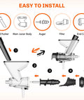 Cofun masticating juicer attachment for KitchenAid; diagram shows food pusher, auger, filter, end cap and install steps.