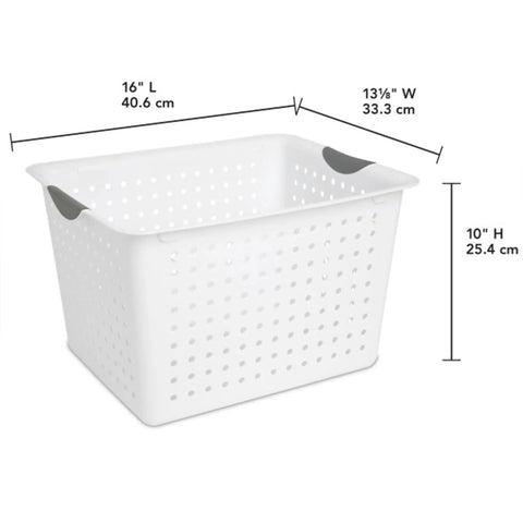 Deep Ultra Open Top Plastic Storage Baskets Six Pack White For Counters, Pantry Shelves, Kitchen Cabinets, with dimensions shown