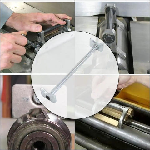 Collage showing Portable Planer Knife Setting Gauge Jig for Delta 12 Inch Planers with close-ups of installation and use.
