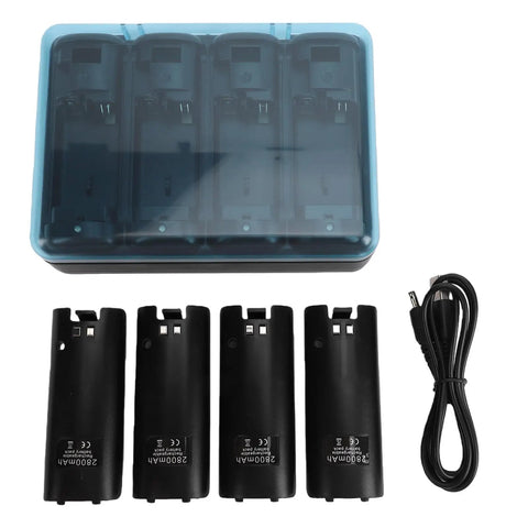 4 In 1 Charging Station For Remote Controllers With 4 Rechargeable 2800mAh NiMH Batteries And USB Cable For Stable Docked Battery Storage Black