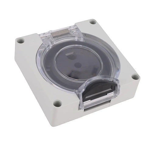 TT 30R Lockable Power Outlet Receptacle with Brass Contacts and IP55 Weatherproof Rating, clear latch cover and sturdy housing design.