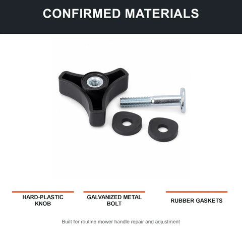 Upgrade Your Lawn Mower Game With This Slick Four-Set Handle Knob And M8 Bolt Repair Kit Featuring 47mm Stainless Hardware For A Snug Fit That Keeps Your Deck Gripping Strong So You Can Get Back To Mowing Smoothly Today. black plastic mower handle knob, M8 bolt, and rubber gaskets