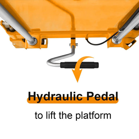 Heavy Duty Hydraulic Lift Table Cart Handle with hydraulic pedal for lifting platform, designed for 1760 lb loads.