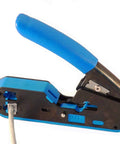 Pro Grade Multi Function Data And Voice Crimp Tool Kit for CAT3 CAT5e CAT6 cables with RJ45 RJ11 installation shown
