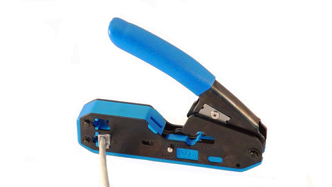 Pro Grade Multi Function Data And Voice Crimp Tool Kit for CAT3 CAT5e CAT6 cables with RJ45 RJ11 installation shown
