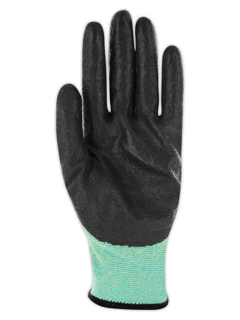 Heat And Adhesive Resistant Cut Level A5 Work Gloves With Ultra Lightweight 18 Gauge Aramid Shell For Superior Dexterity And A Grippy Polyurethane Palm Reusable Size Small, front view showing black palm and green cuff.