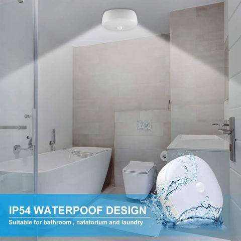 Wireless Motion Sensor LED Ceiling Light With USB Rechargeable Battery, 6500K Daylight Output in a modern bathroom setting