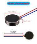 Flat Coin Vibration Motors 25 Pack Mini 10mm x 2.7mm DC 3V 12000 RPM Button Type Micro Vibe Motors with size dimensions.