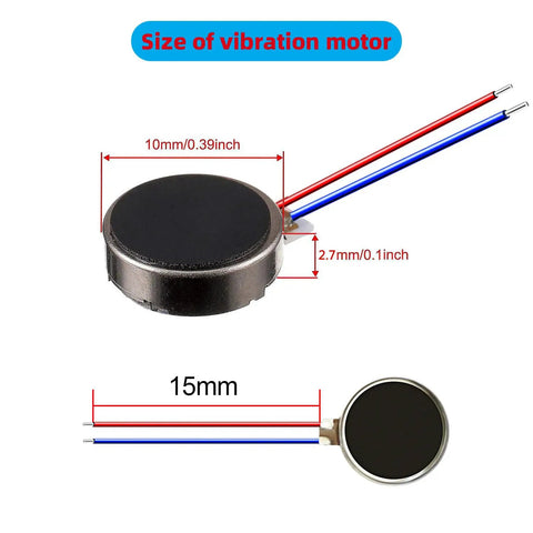 Flat Coin Vibration Motors 25 Pack Mini 10mm x 2.7mm DC 3V 12000 RPM Button Type Micro Vibe Motors with size dimensions.
