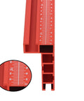 Built Tough Aluminum T Track Table Fence System With Laser Measure For Dead Accurate Miter Saw Cuts And Woodworking Projects On Portable Or Cabinet Saws, showing red aluminum with laser-etched markings.