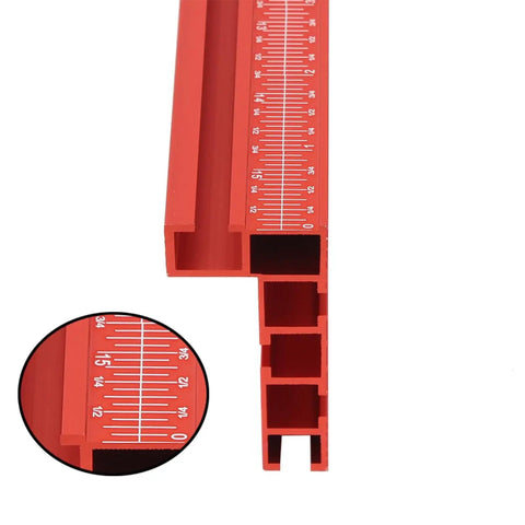 Built Tough Aluminum T Track Table Fence System With Laser Measure For Dead Accurate Miter Saw Cuts And Woodworking Projects On Portable Or Cabinet Saws, showing red aluminum with laser-etched markings.