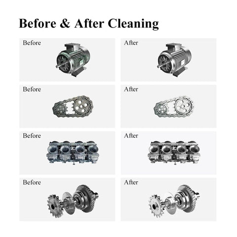 Before and after cleaning with Degassing Ultrasonic Cleaner 10L For DPF PCB And Jewelry Cleaning, motor and gears shown.