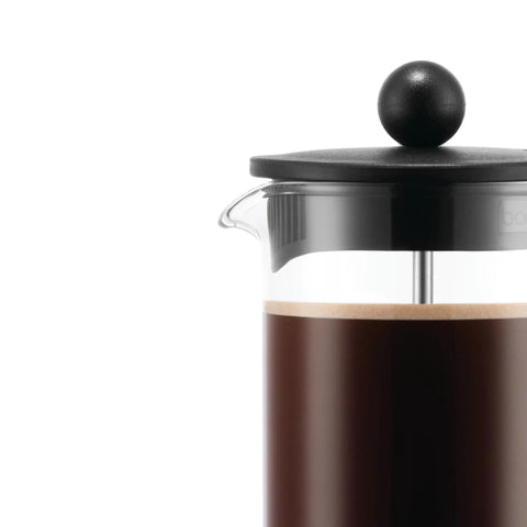 Close-up of 12 Ounce Brazil French Press Coffee Maker with high heat borosilicate glass carafe and black handle for rich brews