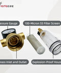 Spin Down Sediment Water Filter System With Pressure Gauge And 100 Micron Stainless Steel Mesh Pre Filter exploded view