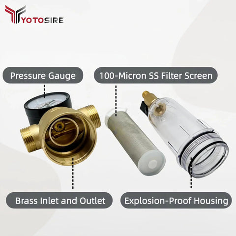 Spin Down Sediment Water Filter System With Pressure Gauge And 100 Micron Stainless Steel Mesh Pre Filter exploded view