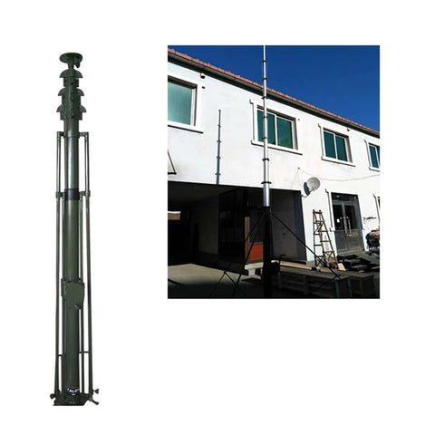 12 Meter Aluminum Telescopic Lift Mast With Manual Crank, vertical view showing height and sturdiness in an outdoor setting.