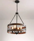 Gray 4 Light Retro Industrial Drum Pendant Chandelier With Wood Accents And Metal Finish, Hanging Ceiling Light Fixture