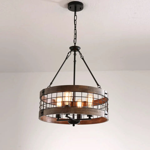 Gray 4 Light Retro Industrial Drum Pendant Chandelier With Wood Accents And Metal Finish, Hanging Ceiling Light Fixture