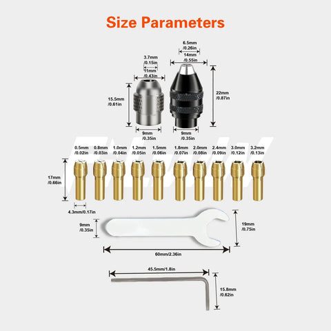 Diagram of Sixteen Piece Drill Chuck Collet Set For Rotary Tools 0.8 To 3.2 Millimeter Range Replacement 4486 Keyless Bit Chuck Shank Kit