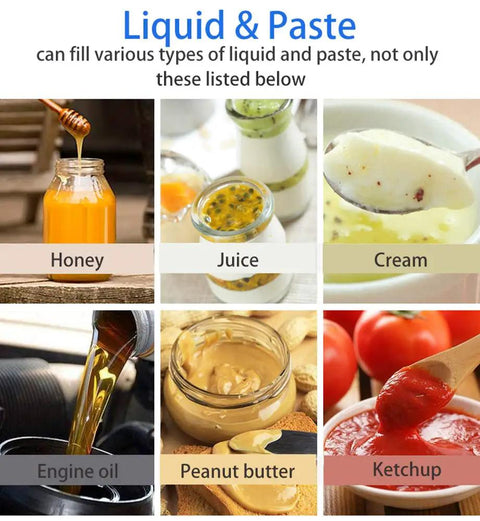 Horizontal Pneumatic Piston Filling Machine For Liquids And Pastes Semi Automatic Liquid Paste Dispenser filling honey, juice, cream, and ketchup.