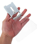 Heavy Duty Clear Plastic Shield For Bench And Angle Grinder Featuring Dust Blocking Guard and Wear Resistant Material To Keep Your Peepers Safe As You Crush Every Shop Project in a hand, showcasing its transparent design.