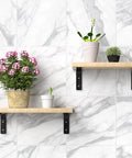 Heavy Duty White Steel L Brackets Rock Solid Corner Wall Shelf Mounts Built Tough For Diy Shelving And Garage Storage Load Bearing Joint Hardware With Screws Included For Hassle Free Setup with wood shelves and potted plants.