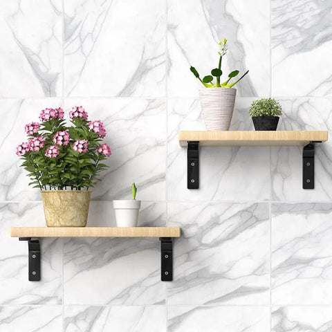 Heavy Duty White Steel L Brackets Rock Solid Corner Wall Shelf Mounts Built Tough For Diy Shelving And Garage Storage Load Bearing Joint Hardware With Screws Included For Hassle Free Setup with wood shelves and potted plants.