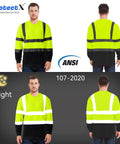 Front and back view of 3 Pack Men's High Visibility Long Sleeve Reflective Safety T Shirts For Work Warehouse Construction ANSI ISEA 107 Type R Class 2 Green Large Size