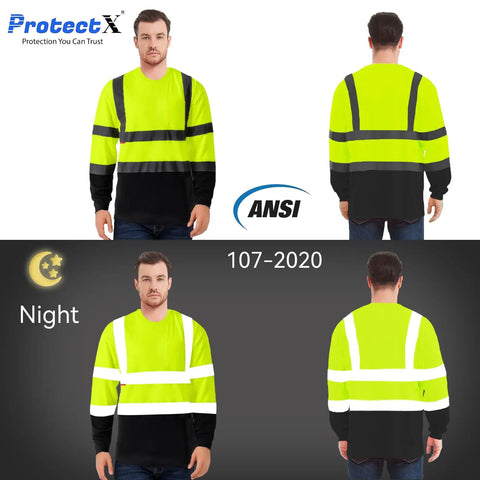 Front and back view of 3 Pack Men's High Visibility Long Sleeve Reflective Safety T Shirts For Work Warehouse Construction ANSI ISEA 107 Type R Class 2 Green Large Size