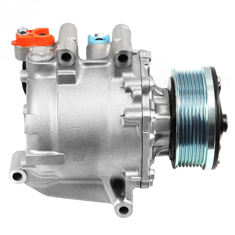 Rock Solid AC Compressor For Honda Civic One Point Eight Liter Engine Years Two Thousand Six Through Two Thousand Eleven side view with silver body.
