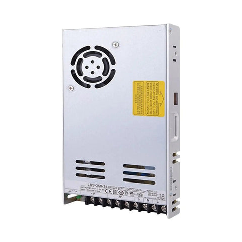 Space-Saving 1U Enclosed Power Supply 24V DC 350W 14.6A For Control Cabinets, slim silver metal case with cooling fan and terminals