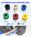 A/C Spring Lock Coupling Tool set showing various sizes, used for automotive AC applications. Heavy Duty 45 Piece Quick Release Hose Disconnect Tool Set For Automotive AC Fuel And Transmission Line Removal No Sweat Grind Ready Mechanic Essentials.