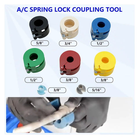 A/C Spring Lock Coupling Tool set showing various sizes, used for automotive AC applications. Heavy Duty 45 Piece Quick Release Hose Disconnect Tool Set For Automotive AC Fuel And Transmission Line Removal No Sweat Grind Ready Mechanic Essentials.