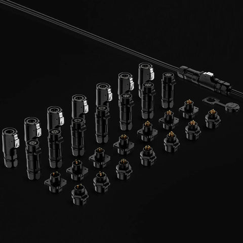 Array of 2 Pin M12 Waterproof Panel Mount Connector DC 12V For AV Systems IP68 Rated Plug And Socket in rugged PBT plastic material