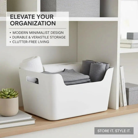 Large Capacity Front Access Storage Bin With Clear View, Stackable Plastic Organizer For Home Kitchen Closet Or Office, BPA Free Matte White