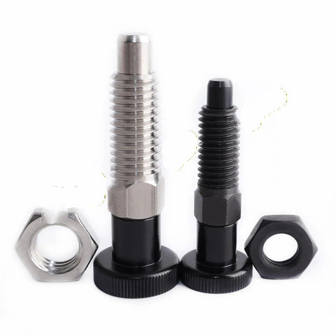 Built Tough Retractable Plunger Handle Spring Pins Featuring Dead Nuts Precision Indexing And Slick Self Resetting Action For Heavy Duty CNC Jigs Assembly Fixtures And Woodworking Projects image showing steel pull pins with hex nuts in black and silver finishes.