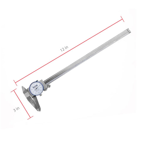 Pro Grade Dial Caliper With Knurled Lock 0 To 12 Inches Measuring Range Stainless Steel Precision Tool shown fully extended.