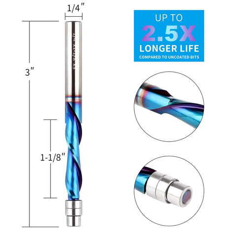 Downcut Spiral Flush Trim Router Bit Pro Grade One Quarter Inch Shank Solid Carbide Nano Coated with Top Bearing and Dual Ball Bearings