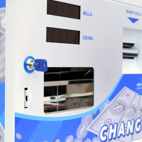 Close-up view of Dollar Bill Changer Machine for Vending Arcades Slots and Laundry, showing key slot and display panel.