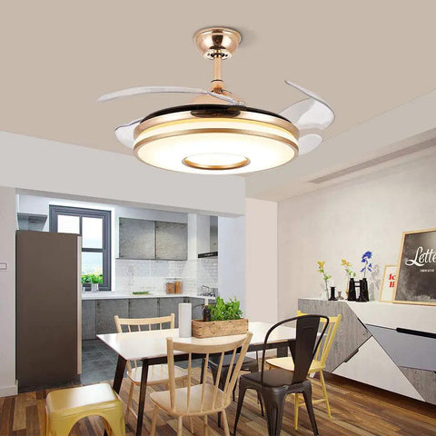 Retractable Gold Ceiling Fan With Light And Invisible Blades, 42 Inch Crystal Chandelier LED Lamp in modern dining room