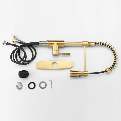 Brushed Gold Kitchen Faucet With Dual Function Pull Out And Pull Down Sprayer, Solid Single Handle With Deck Plate, No-Fuss Installation components