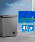 Compact 3.5 Cubic Feet Chest Freezer With Seven Adjustable Temperature Controls in a quiet operation setting, showcasing features.