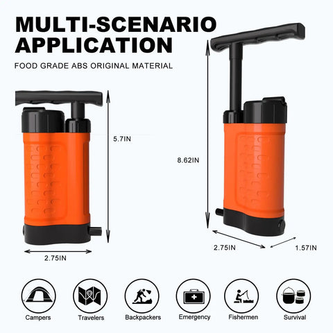 Portable Water Filter Pump For Camping And Hiking 0.01 Micron Manual Survival Filter; orange pump dimensions shown