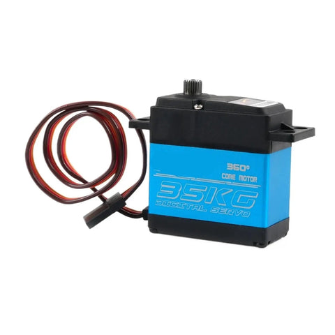 Heavy Duty Digital Servo Motor Pushing 35kg Torque On 7.4V High Voltage Full Metal Gear Assembly 360 Continuous Rotation Heat Protected Setup showing blue casing and wire.