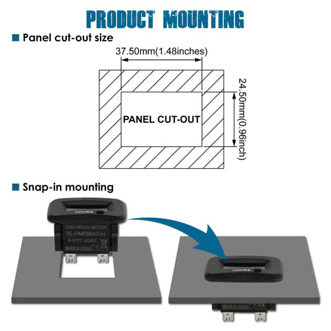 Digital Maintenance Hour Meter For Gear And Mowers AC DC 5V To 277V RL HM038AG H panel cut-out 37.5 x 24.5 mm snap-in mount