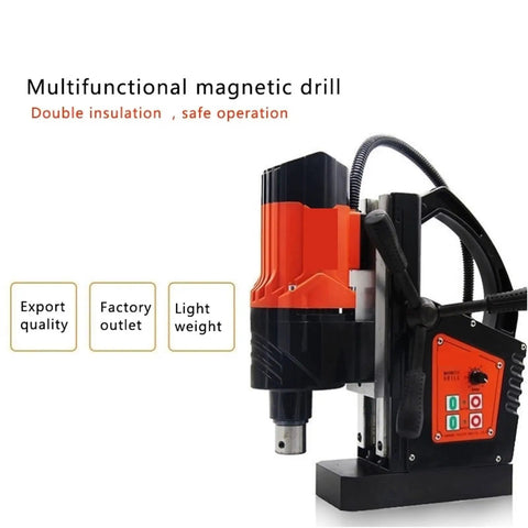 Heavy Duty Magnetic Drill Featuring Adjustable Speed And Forward Reverse Tapping Functions Delivering Smooth Steel Drilling And Industrial Metalwork That Goes Off Without A Hitch, in orange and black with controls visible.