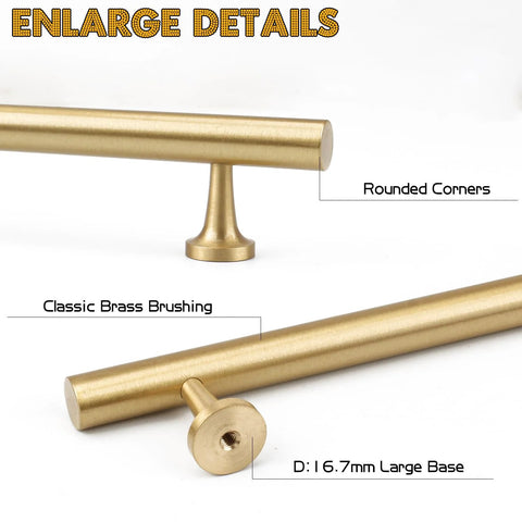 Close-up of 3 Inch Solid Brass Cabinet Pulls Round Bar Handles Brushed Gold with rounded corners and large base details.