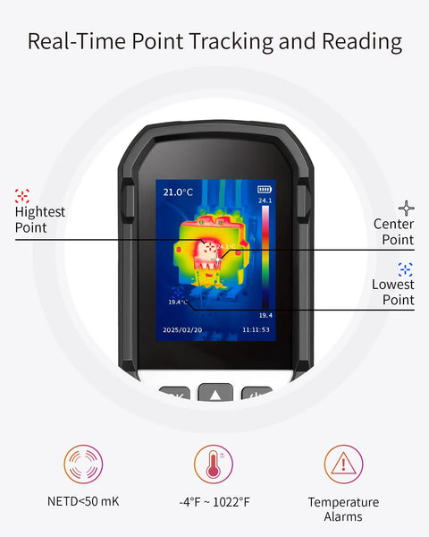 Infrared Thermal Camera FI160S With 320x240 High-Res, Laser Pointer, PC Analysis, 32GB Storage, displaying thermal reading