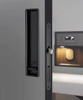 Concealed Edge Pull Pocket Door Lock With Privacy Function For Recessed Sliding Doors Fits Doors With Thickness From One And A Half To Nearly Two Inches Matte Black Rectangle Mortise Lock And Hidden Pull Handle For Seamless Operation, installed view